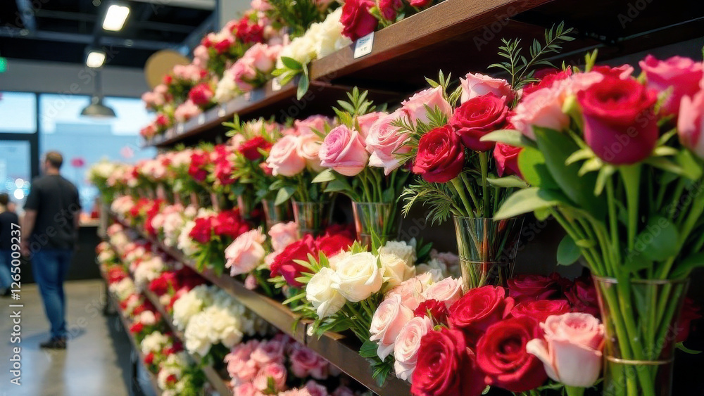 Obraz premium In the window of a flower shop, beautiful bouquets of flowers stand in vases. The concept of a women's holiday.
