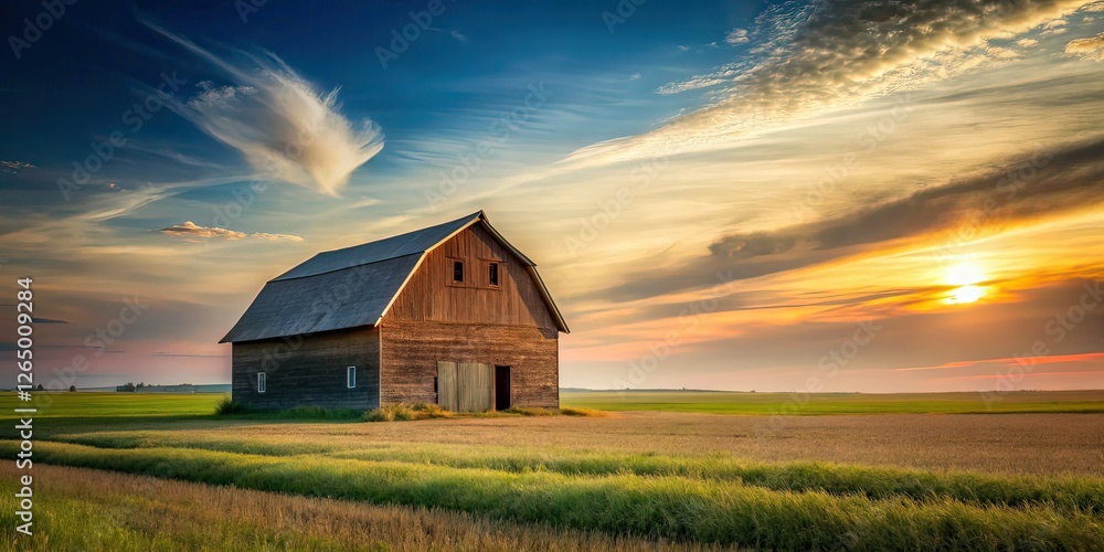 Obraz premium Minimalist Barn in Field AI Art, Photography, Rural Landscape, Barn, Farm, Countryside