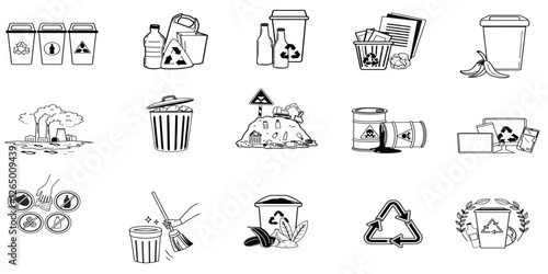 Modern line icon set representing waste, garbage, and recycling concepts