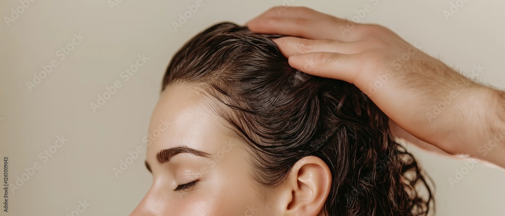 Naklejka premium Close-up of a woman's head and neck. she appears to be in her late twenties or early thirties. her hair is wet and curly, and her eyes are closed.