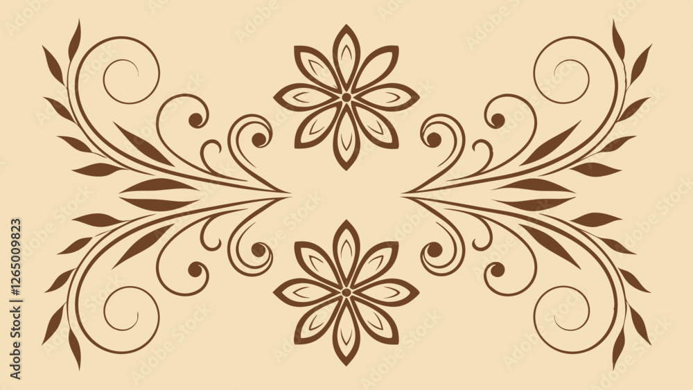 Fototapeta premium Elegant floral design featuring swirling patterns and intricate flowers on a soft beige background.