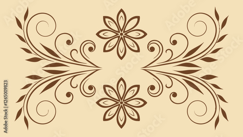 Elegant floral design featuring swirling patterns and intricate flowers on a soft beige background.