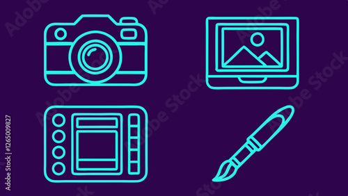 A vibrant illustration featuring a camera, computer monitor, graphic tablet, and pen, showcasing tools for creativity and digital design.