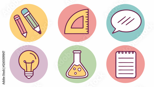 A vibrant collection of educational icons featuring pencils, a protractor, a light bulb, a test tube, a speech bubble, and a notepad.