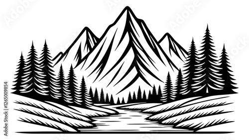 A stunning black and white illustration of majestic mountains, surrounded by tall pine trees and a flowing river, evoking a sense of tranquility and adventure.