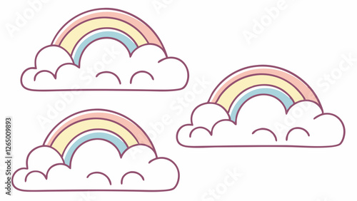 Colorful cartoon rainbows emerging from fluffy clouds, creating a cheerful and whimsical atmosphere.