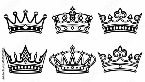 A collection of six distinct crown designs in a minimalist black and white style, suitable for various creative projects.