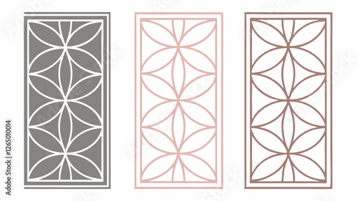 Abstract geometric patterns in pink, brown, and black, showcasing symmetrical floral shapes. Ideal for modern decor and design projects.