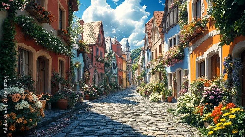 Fototapeta premium A quaint street lined with charming houses and overflowing flower boxes.