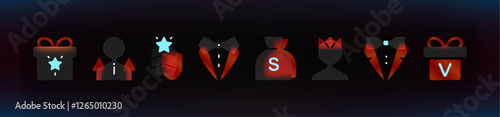 Red Game Rewards and Status Icons on the сolorfull background .Glassmorphism UI red icons set. Blurry VIP icons.