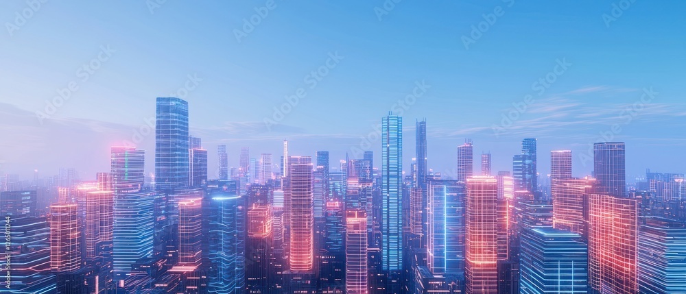 Futuristic City Skyline at Night with Glowing Pink and Blue Lights Futuristic City Skyline at Night with Glowing Pink and Blue Lights