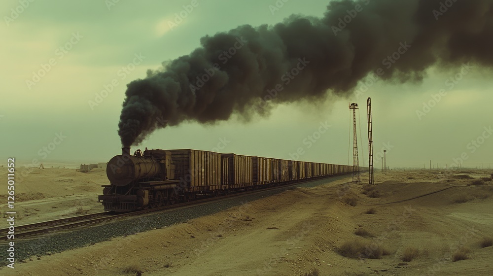 Fototapeta premium A steam locomotive billows thick black smoke as it speeds across a desolate desert landscape, capturing the raw power and nostalgia of a bygone era.