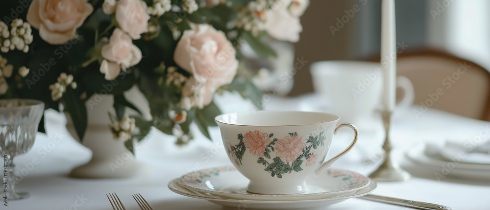 Fototapeta premium Table set for a formal dinner party. the table is covered with a white tablecloth and has a vase of pink roses on the left side.