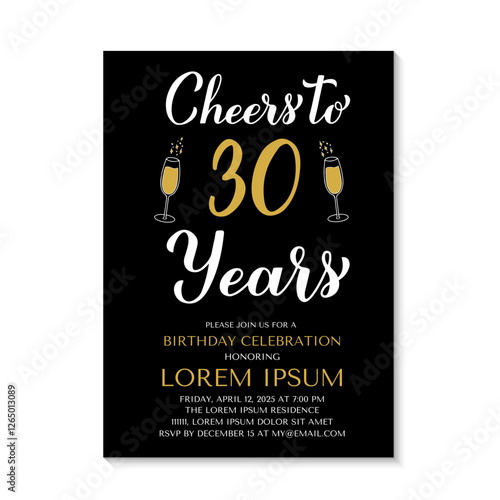 30th Birthday or Anniversary invitation card. Cheers to 30 years. Birthday Party invite. Vector template.