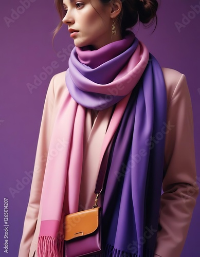 Woman wearing pink purple ombre scarf and beige coat