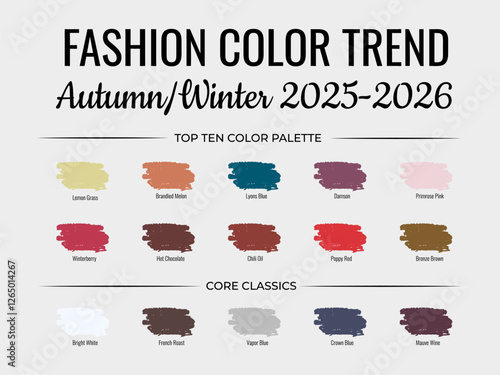 Fashion Color Trend Autumn - Winter 2025 - 2026. Trendy colors palette guide. Fabric swatches with color names. Easy to edit vector template for your creative designs.
