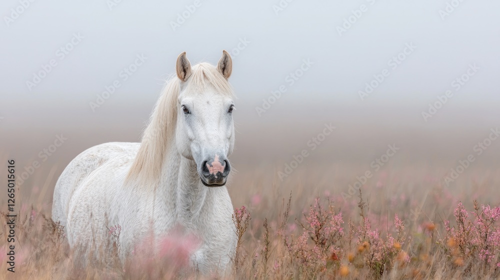 White horse in foggy field, autumn heather. Peaceful nature scene, ideal for calendars White horse in foggy field, autumn heather. Peaceful nature scene, ideal for calendars