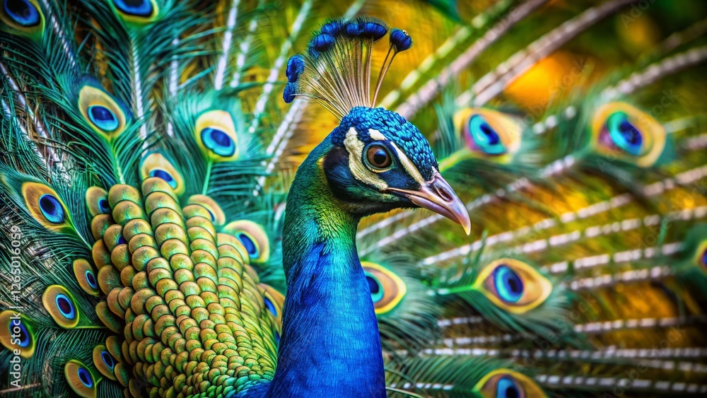 Obraz premium Majestic Peacock Feather Display: Vivid Colors, Regal Bird, Wildlife Photography