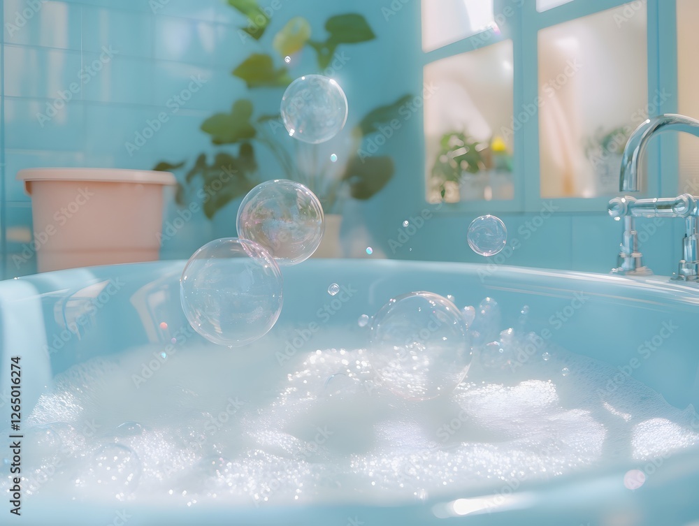 Serene Bathroom Scene with Bubbles in a Light Blue Bathtub and Natural Light from Window