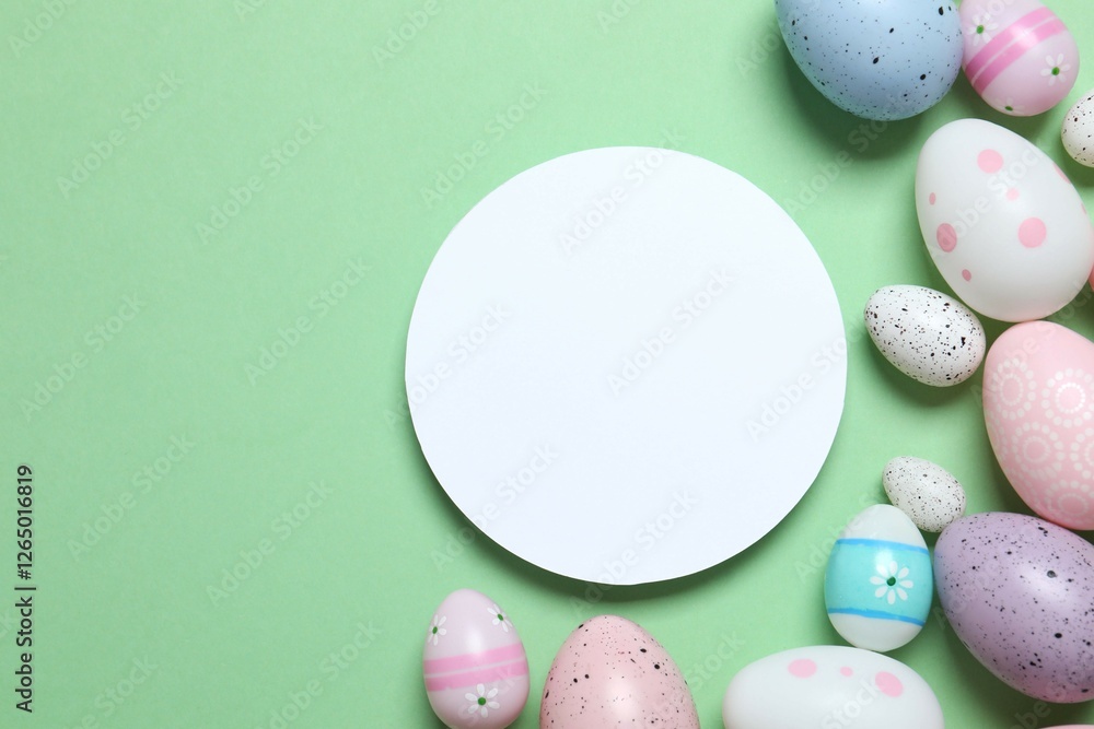 Happy Easter. Colorful eggs with white paper card on a pastel color background, space for text or advertising Happy Easter. Colorful eggs with white paper card on a pastel color background, space for text or advertising