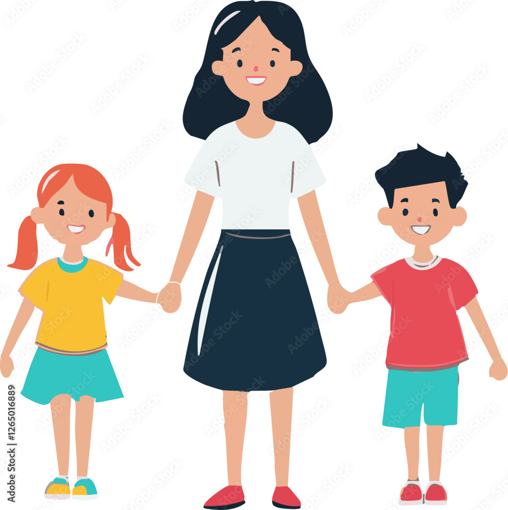 A cheerful illustration of a mom holding hands with her son and daughter perfect for family blogs websites or children's products A cheerful illustration of a mom holding hands with her son and daughter perfect for family blogs websites or children's products