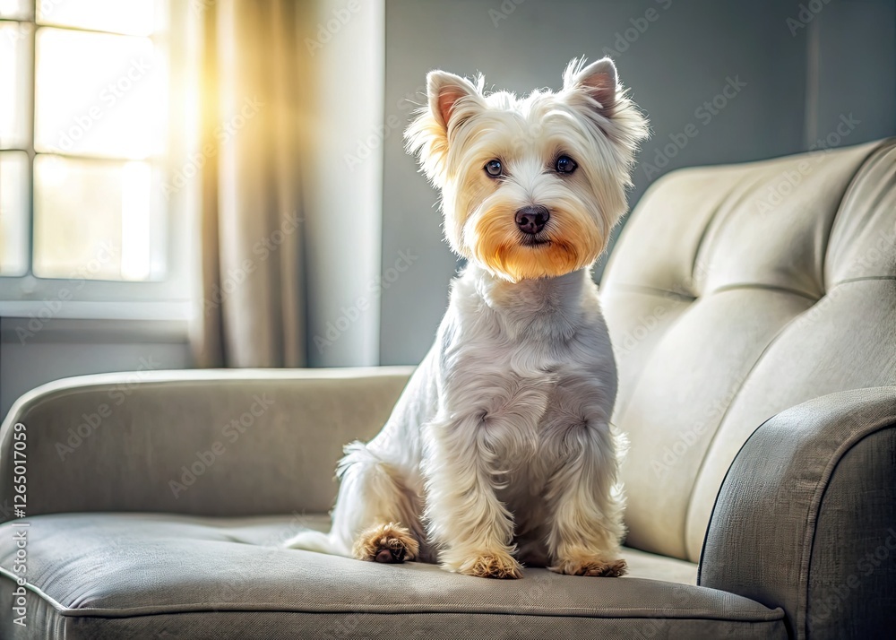 Adorable fluffy white terrier sits serenely on a sofa; captivating pet photography showcasing canine charm.