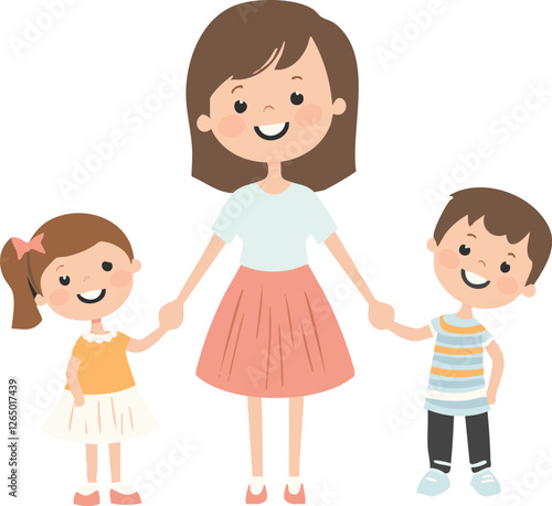 A cheerful illustration of a mother happily holding hands with her daughter and son Perfect for Mother's Day cards or family blogs