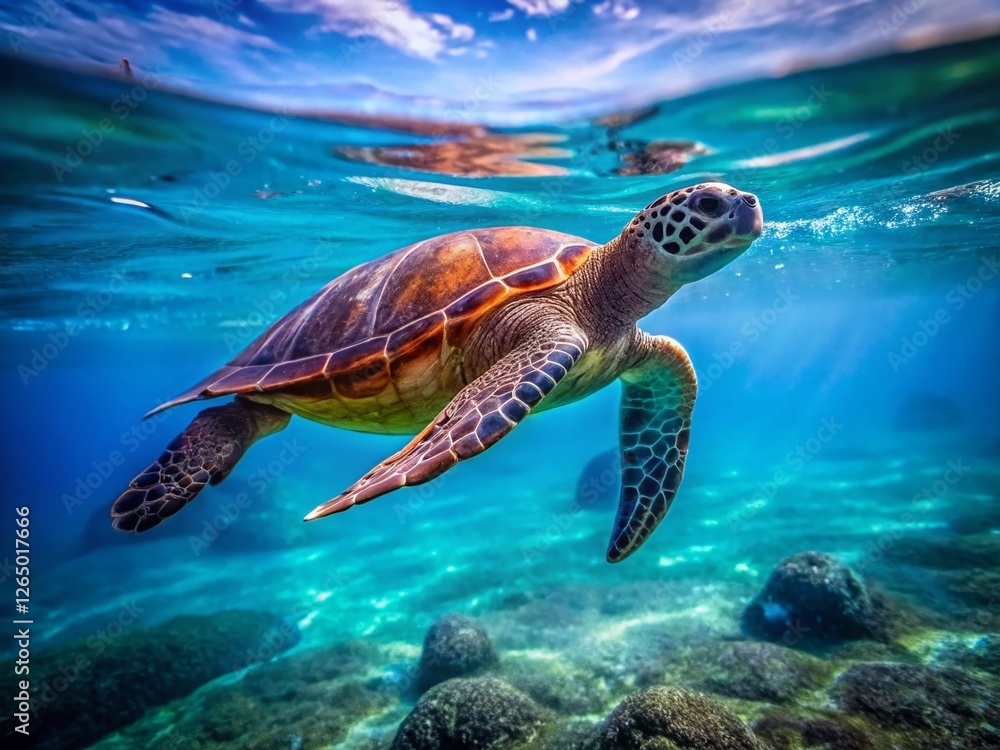 Fototapeta premium Majestic Sea Turtle Close-Up: Vibrant Underwater Minimalist Photography