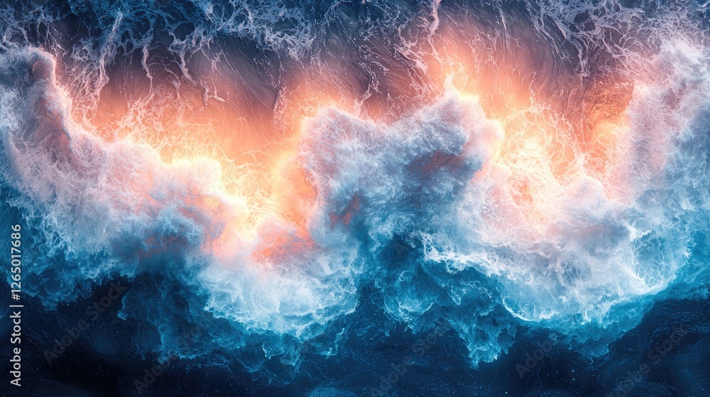 Obraz premium A vibrant depiction of ocean waves illuminated by a warm glow.