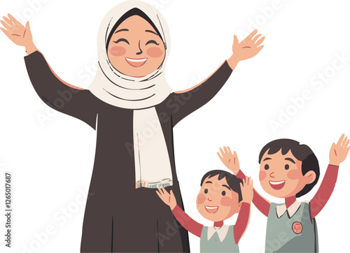 Joyful illustration of a Muslim woman and two kids smiling and waving Perfect for websites blogs or educational materials about family and happiness.