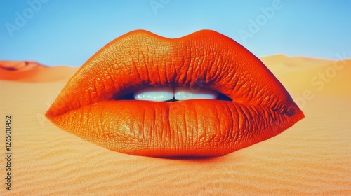 Bold, oversized lips in a vivid orange hue float against a surreal desert backdrop, merging art with nature's vastness in striking contrast.
