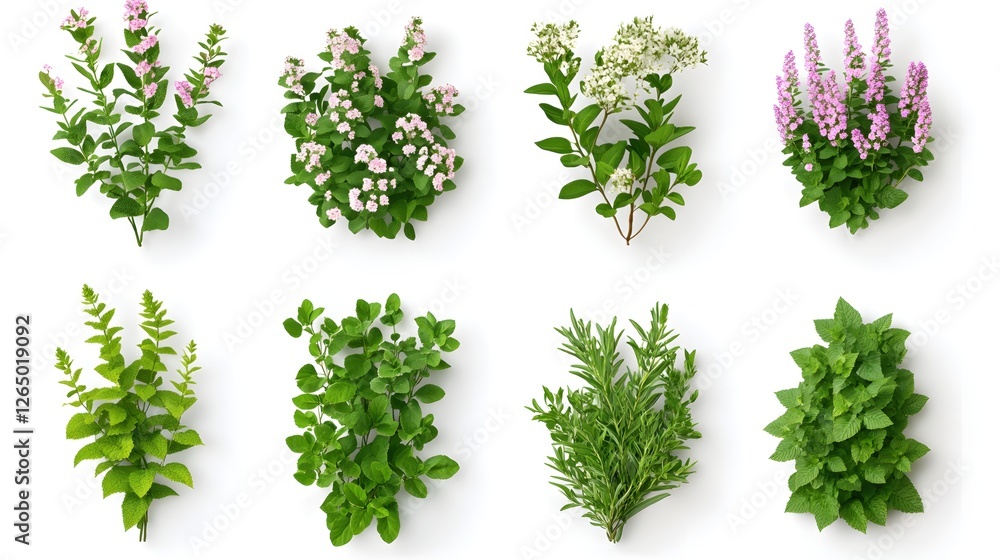 Charming Collection of Fresh Herbs and Blooming Plants on a Clean White Background for Design Charming Collection of Fresh Herbs and Blooming Plants on a Clean White Background for Design