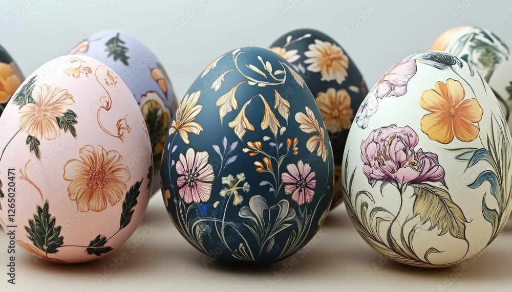 Close Up of Easter Eggs Decorated with Beautiful Floral Patterns on White Background Close Up of Easter Eggs Decorated with Beautiful Floral Patterns on White Background