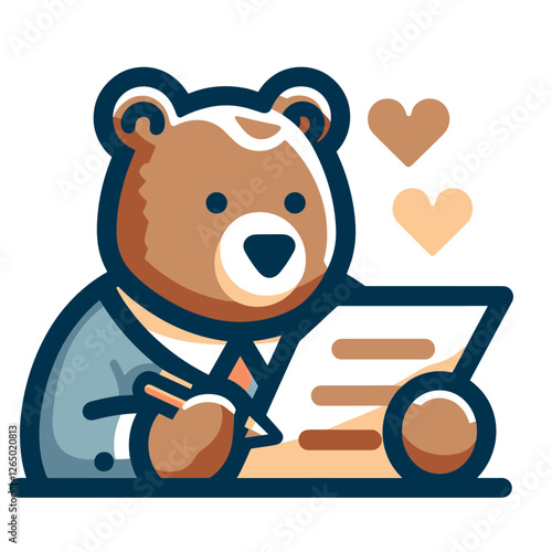 Cute Bear Writing Letter with Hearts in Flat Illustration Style