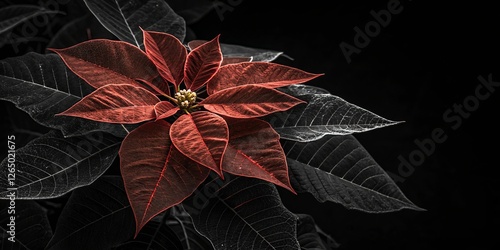 Mysterious pointesia in deep red tones with golden metallic shine on a black background
 photo