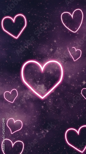Colorful wallpaper featuring glowing pink hearts against a dark cosmic background.