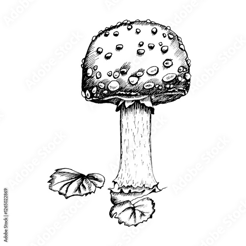 A black-and-white vector engraving illustration of an Amanita muscaria (fly agaric) mushroom, depicted with intricate line work and shading.