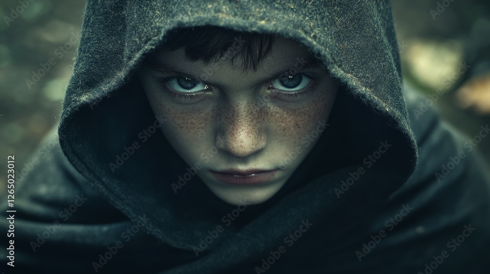 A young child with piercing eyes peers from beneath a dark hood, their expression enigmatic and full of mystery, amid a forested backdrop. A young child with piercing eyes peers from beneath a dark hood, their expression enigmatic and full of mystery, amid a forested backdrop.