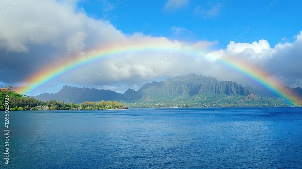 dazzling rainbow arching across the sky after a gentle rain. dazzling rainbow arching across the sky after a gentle rain.