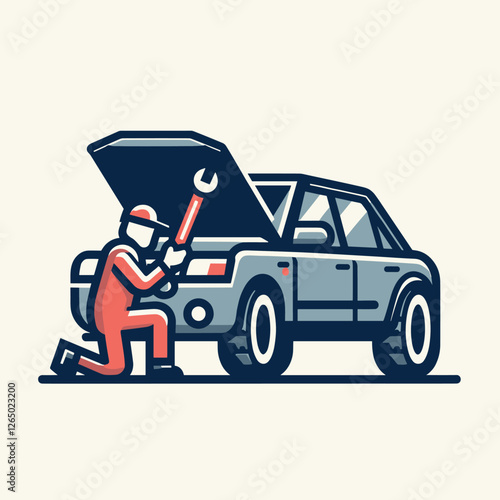 Mechanic Fixing Car with Wrench - Flat Illustration of Automotive Repair