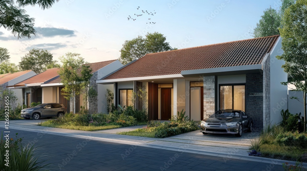 Modern suburban houses with beautiful landscaping and stylish cars parked Modern suburban houses with beautiful landscaping and stylish cars parked