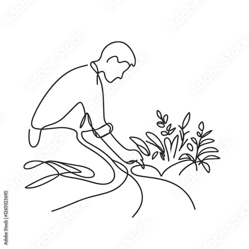One-Line Illustration of Man Planting Seedlings in Garden - Minimalist Artwork