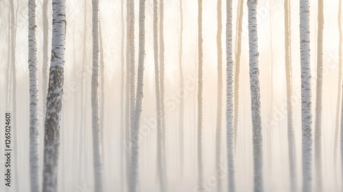 Vertical birch trees emerge from a soft mist, creating a peaceful, ethereal forest scene full of tranquil light and shadow play.