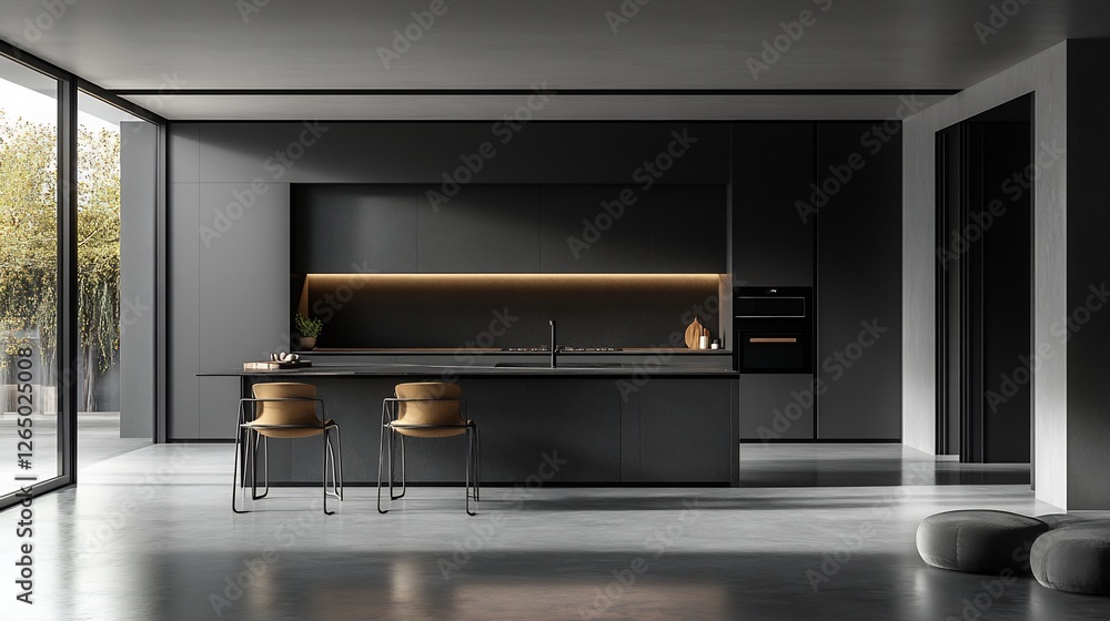 Modern Minimalist Kitchen: Sleek Dark Cabinets, Island, and Warm Accents Modern Minimalist Kitchen: Sleek Dark Cabinets, Island, and Warm Accents