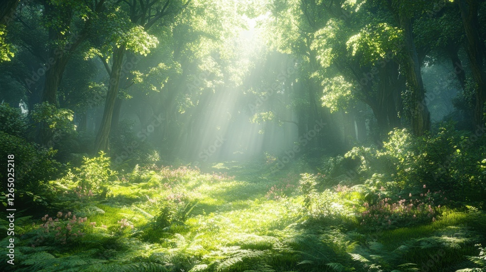 Fototapeta premium Sunbeams Illuminating Lush Green Forest Tranquil Nature Scene Sunlight Through Trees