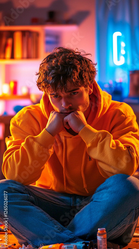 Young man struggling with drug addiction, sitting alone in a dimly lit room