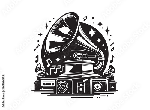 Vintage Gramophone with Vinyl Record on Wooden Table – Retro Phonograph for Music, Sound, and Audio Entertainment, Antique Design with Grunge Aesthetic and Artistic Illustration