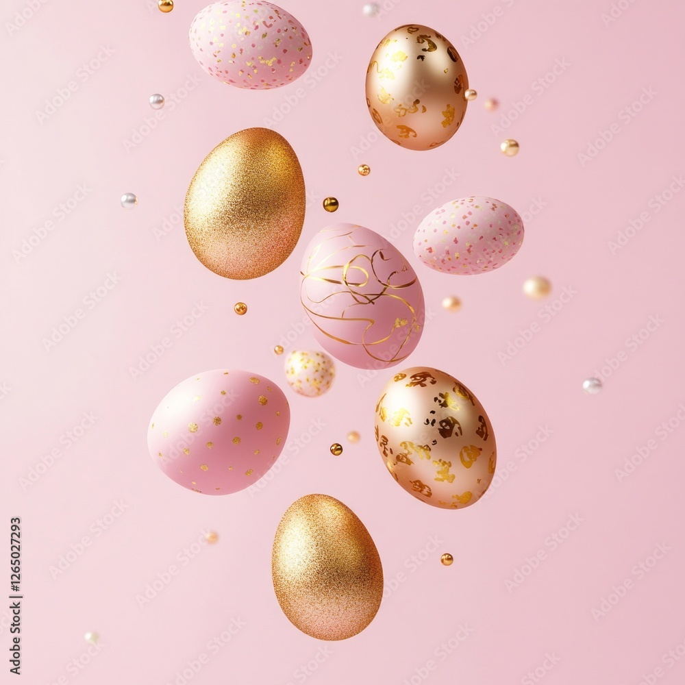 Fototapeta premium Graceful golden and pink Easter eggs float against a soft pink background, adorned with delicate patterns and shimmering accents