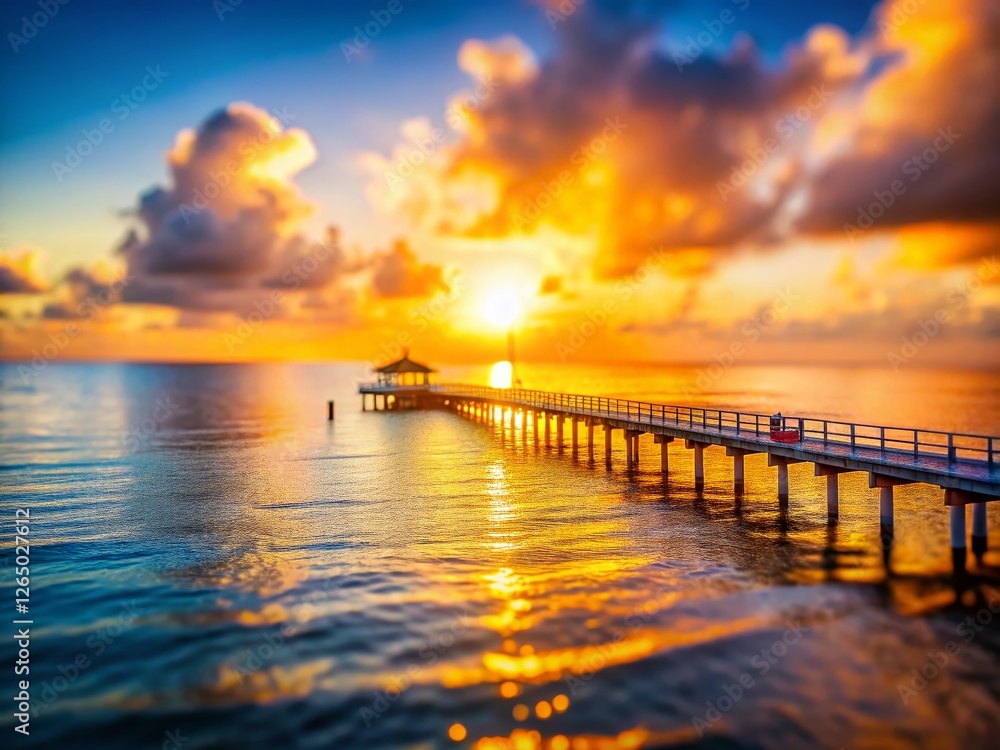 Obraz premium Miniature Golden Sunset Seascape: Pier & Ocean at Dusk