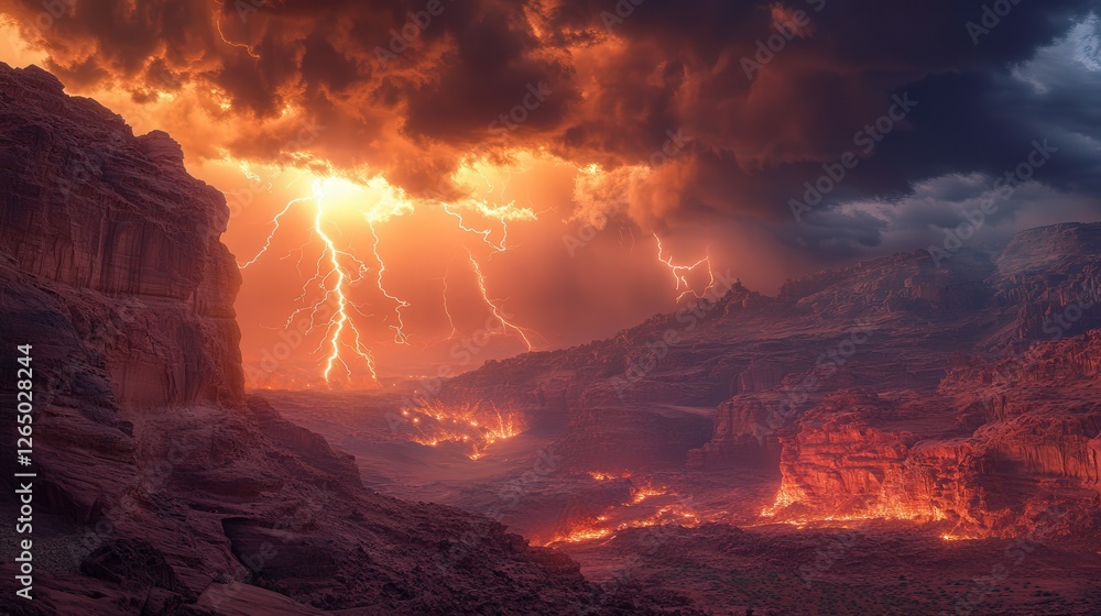 Fototapeta premium storm over Petra, where ancient rose-red sandstone cliffs glow under flashes of lightning.